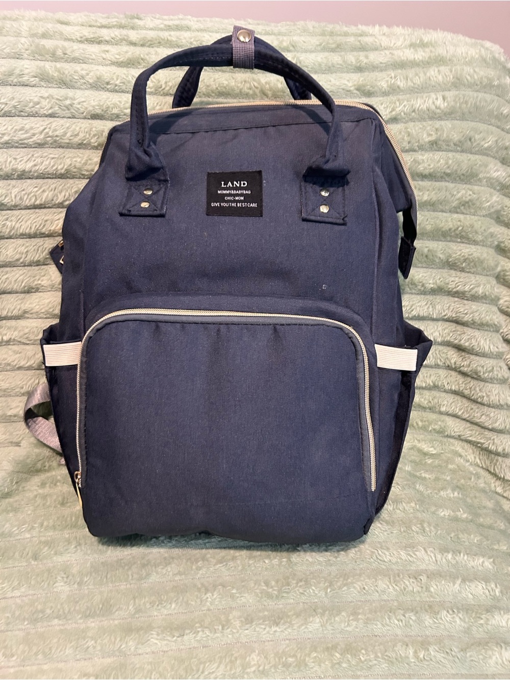 LAND Large Diaper Bag Backpack Navy Blue Mommy Bag w Changing Pad Multi Pocket
